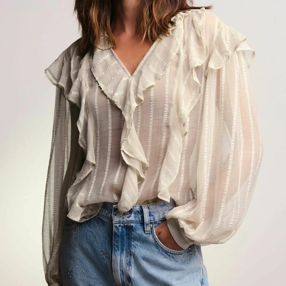 Joie Tan Ruffle Beaded Balloon Sleeve Semi Sheer Boho Blouse M Cottagecore